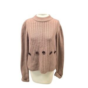 Joseph Ribbed Knit Sweater Womens Large Tan Good Wool Mock Neck Button Detail